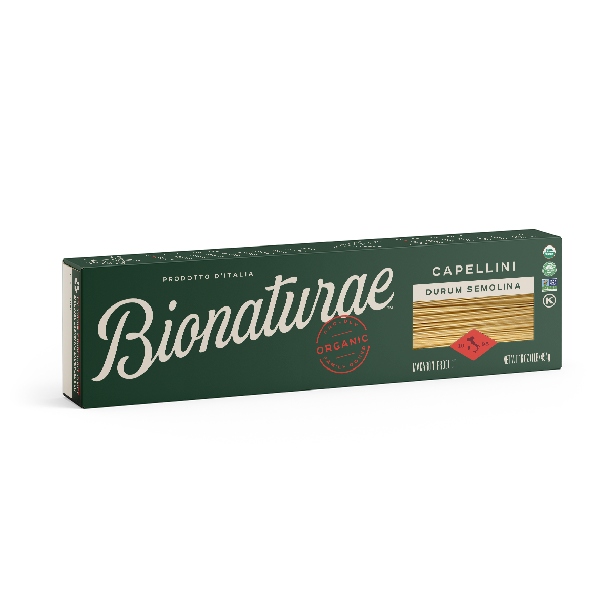 Three-quarter view of Bionaturae Capellini durum semolina pasta box showing organic label on dark green packaging