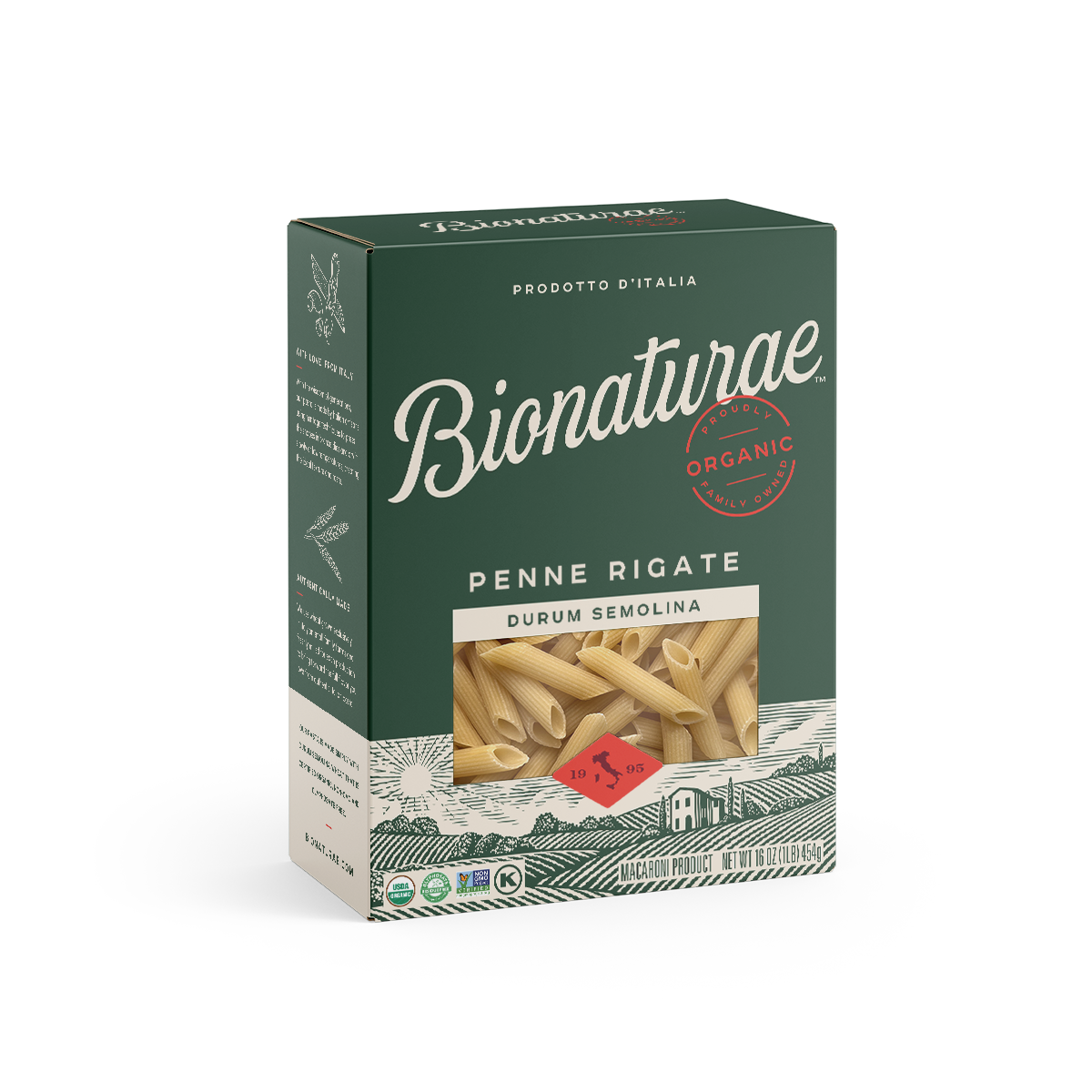 Three-quarter view of Bionaturae Penne Rigate box, organic durum semolina, showcasing front window of penne pasta on white background