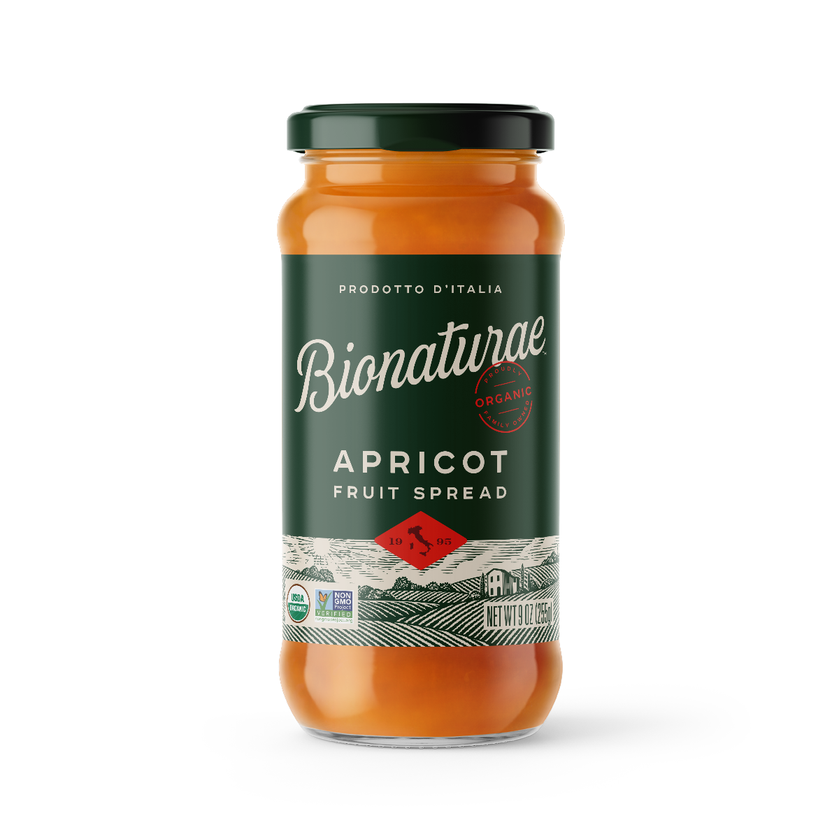 Front view of 9 oz jar of Bionaturae Organic Apricot Fruit Spread showing jar label and apricot color on white background