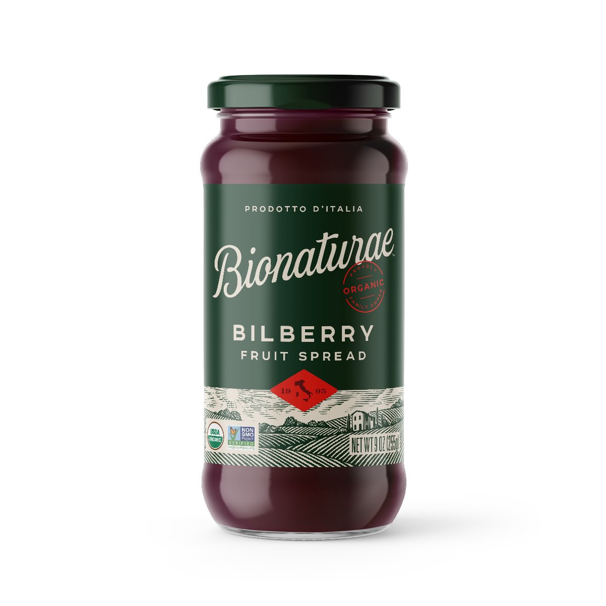 Front view of Bionaturae Organic Bilberry fruit spread jar showcasing the label and dark purple spread on white background