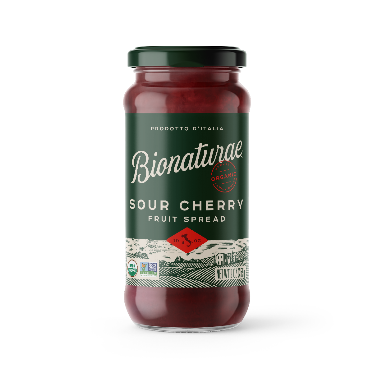 Front view of 9 oz Bionaturae Organic Sour Cherry fruit spread jar showcasing green label and visible red jam with white background