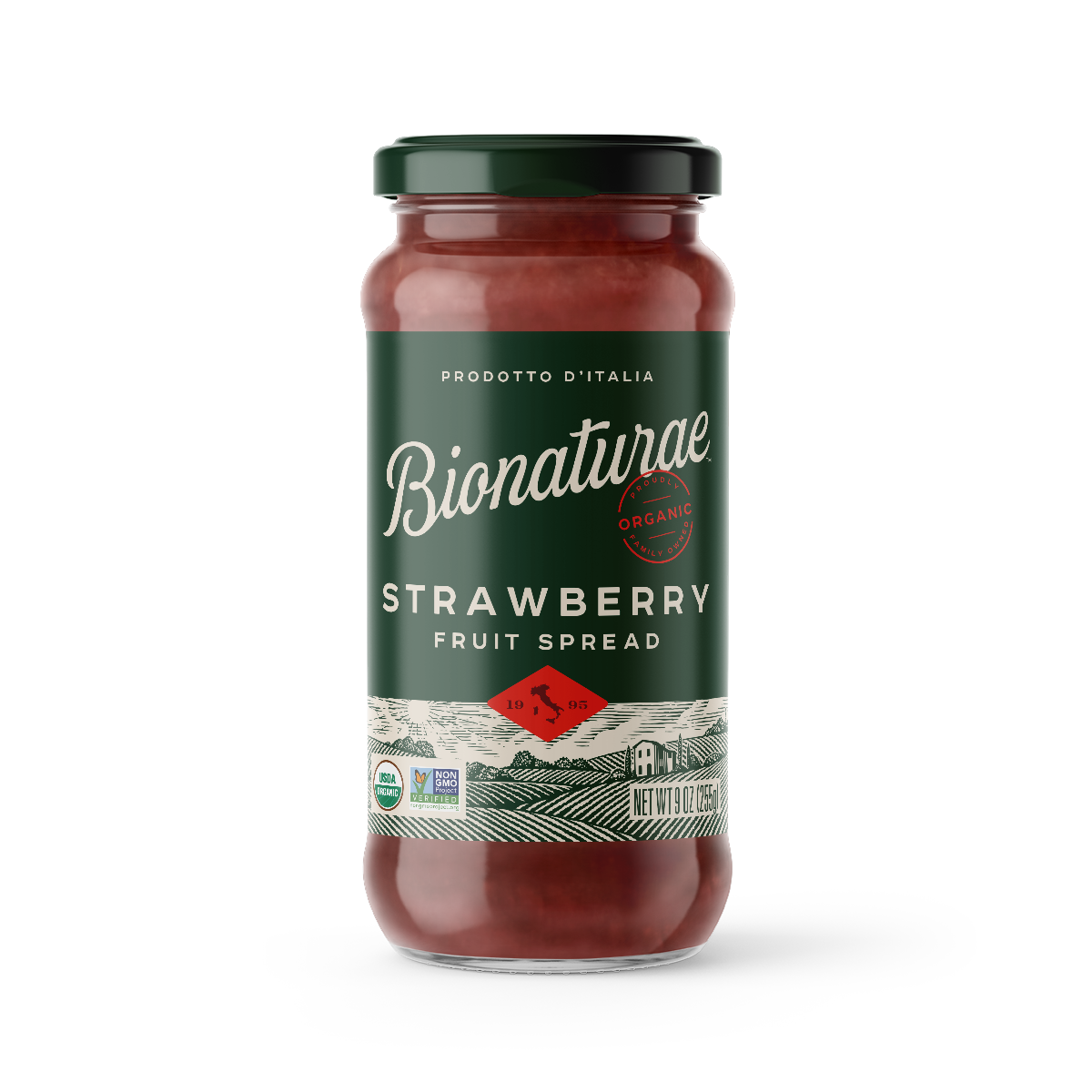 Front view of Bionaturae organic strawberry fruit spread jar showing green label and red jam on white background