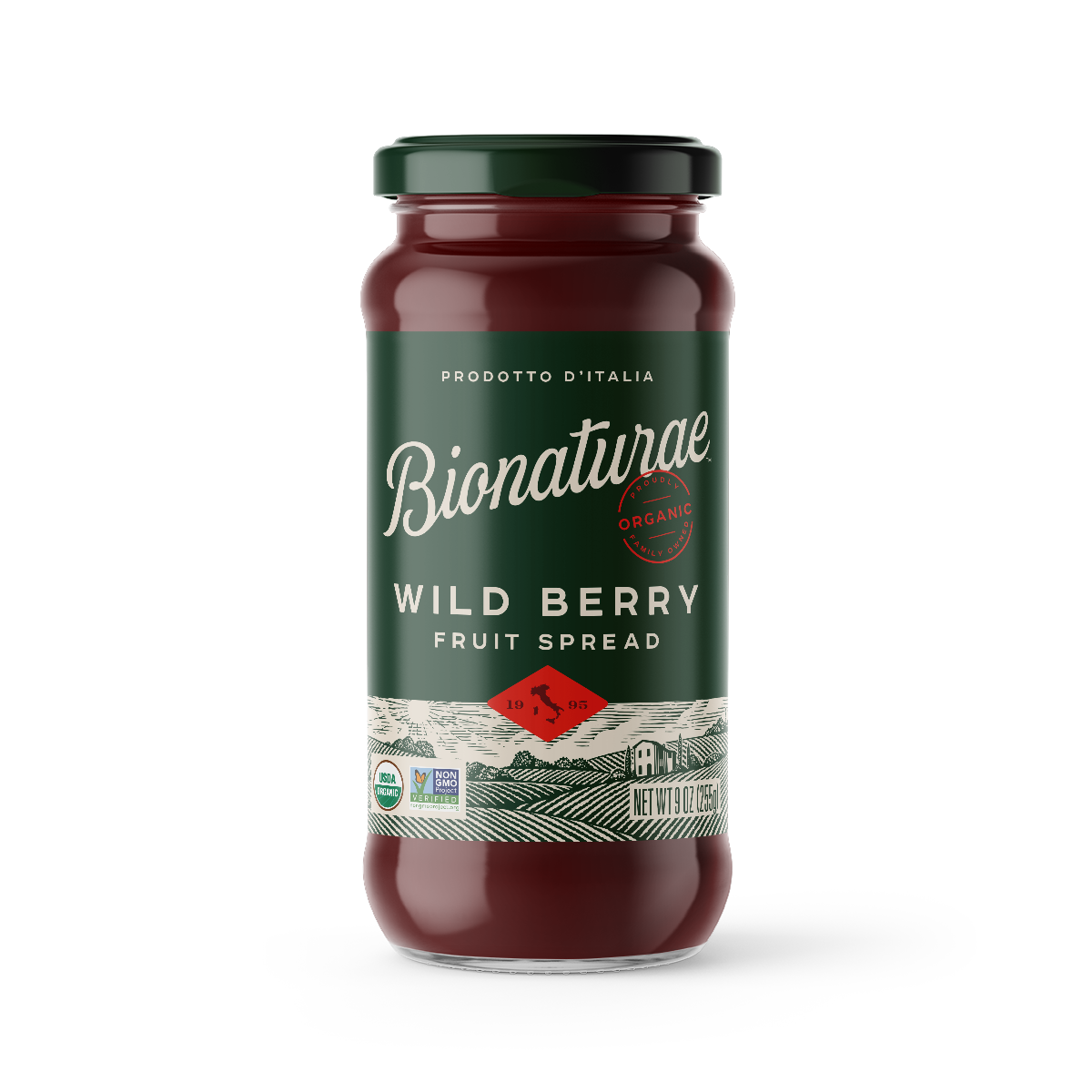 Front view of 9 oz Bionaturae Wild Berry fruit spread jar with green label reading Bionaturae and Wild Berry on white