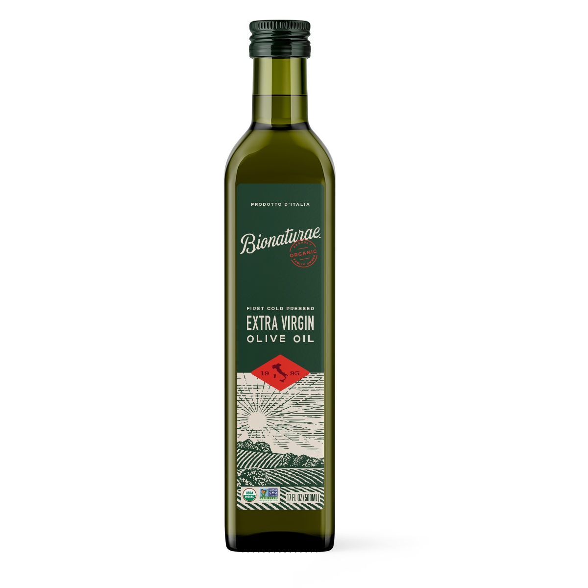 Front view of Bionaturae Organic Extra Virgin Olive Oil bottle showing green glass and 17 fl oz label on white background