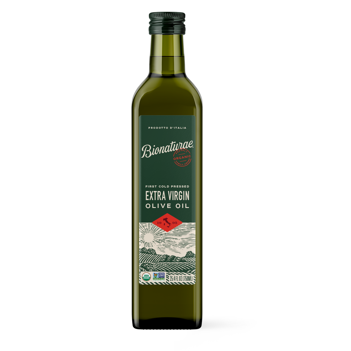 Front view of 25 oz Bionaturae organic extra virgin olive oil bottle with green label and organic seal on white background
