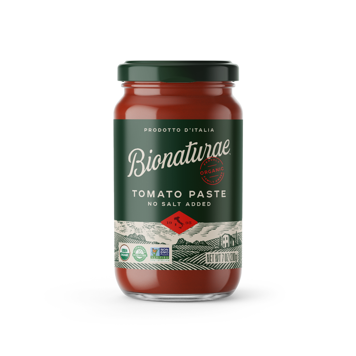 Front view of Bionaturae Tomato Paste jar (7 oz) showing “No Salt Added” label and organic seals on white background