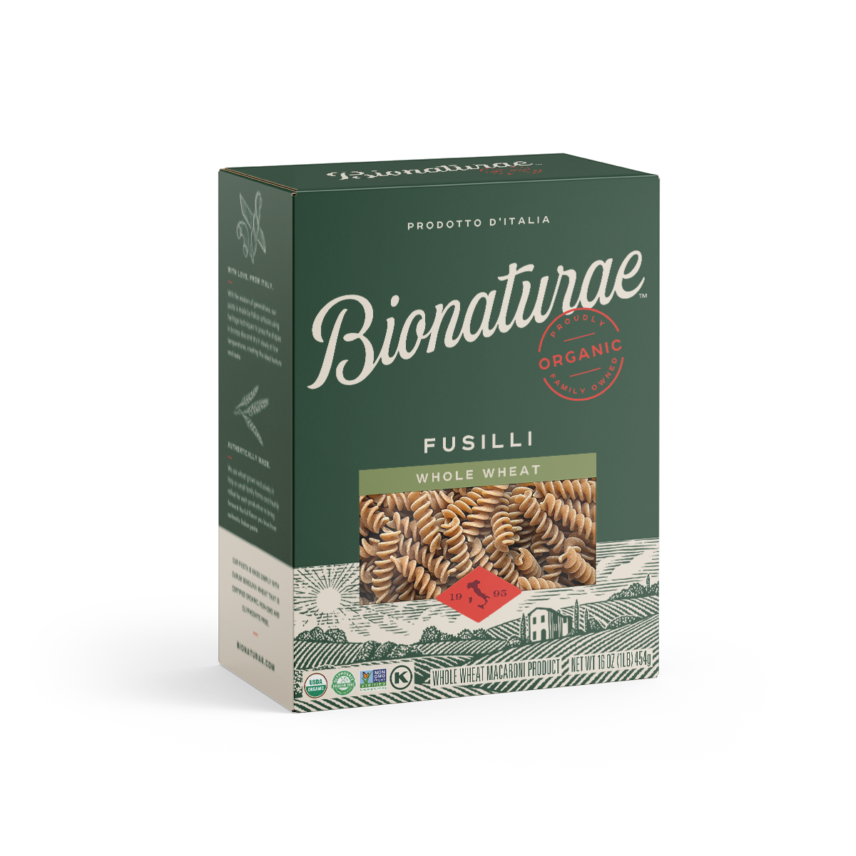 Three-quarter view of Bionaturae organic whole wheat fusilli 16 oz box showing window of spiral pasta and green branded packaging