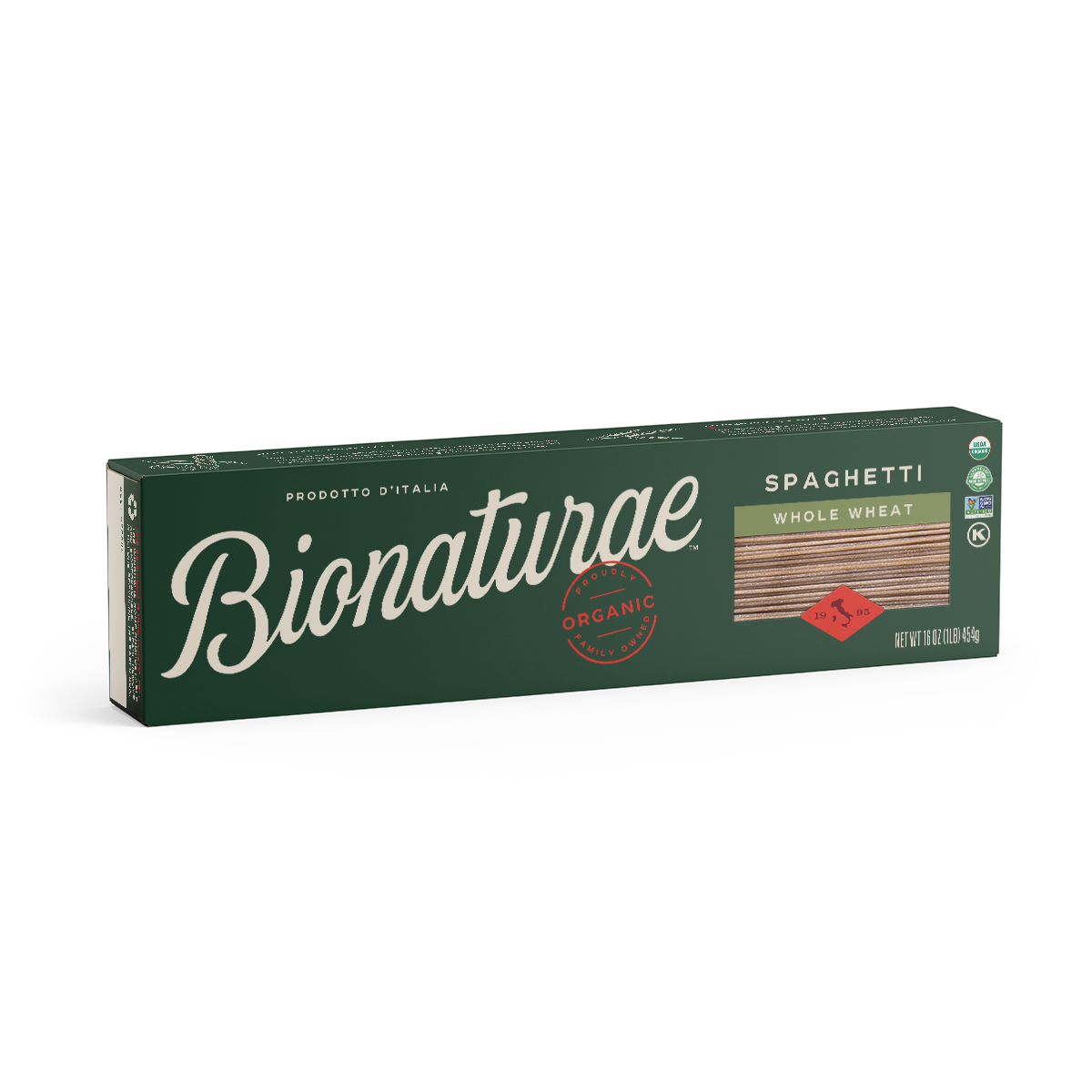 Angled box of Bionaturae organic whole wheat spaghetti showcasing brand name and clear pasta window on white background