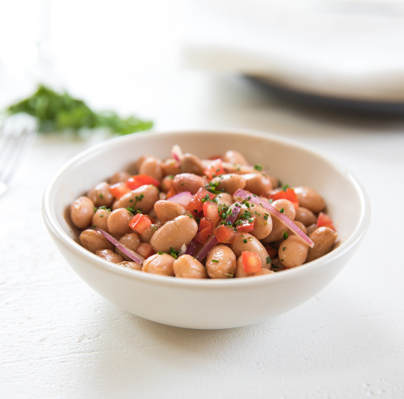 Bowl of cooked organic borlotti beans tossed with diced tomatoes and parsley, served in a white bowl on a light table