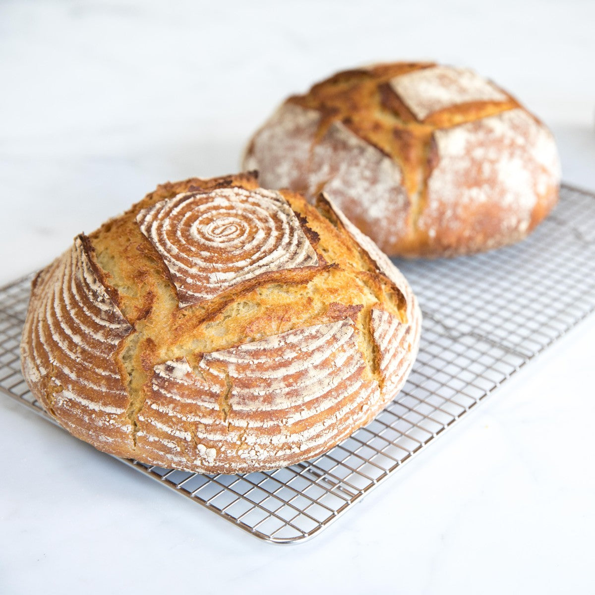Two crusty einkorn boules cooling on a wire rack on a light countertop