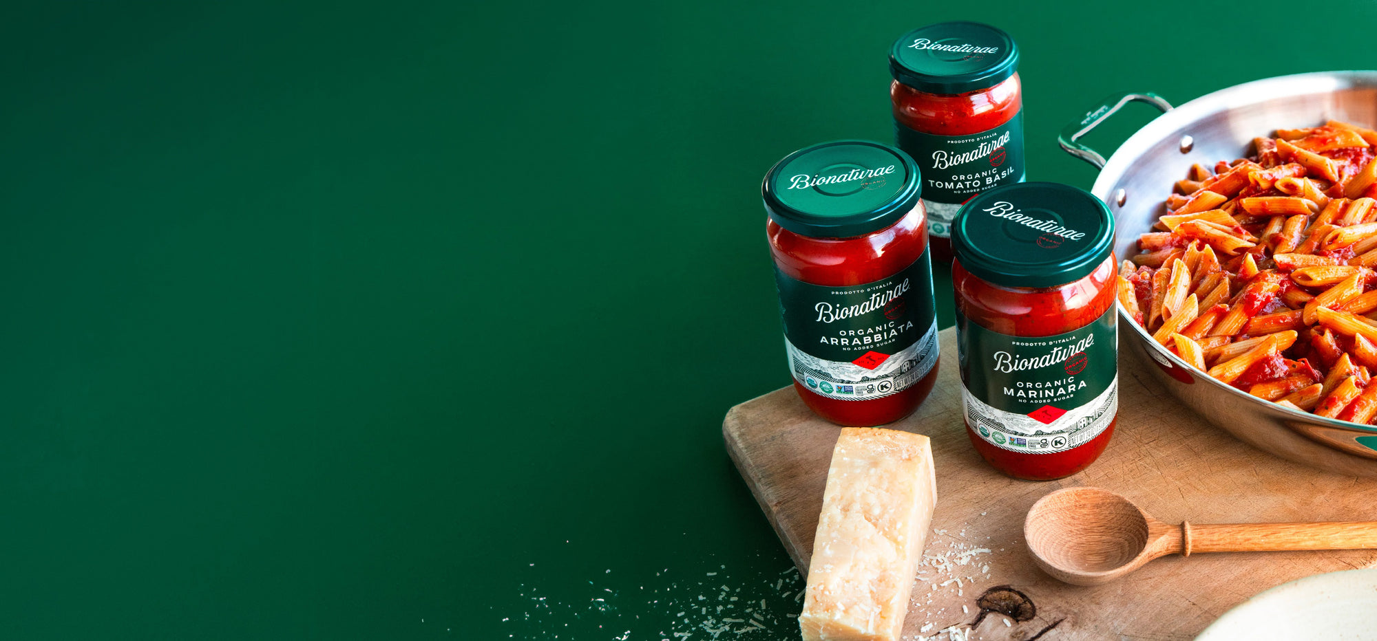 Bionaturae ORGANIC ARRABBIATA, MARINARA and TOMATO BASIL jars with penne and Parmesan; PRODOTTO D'ITALIA