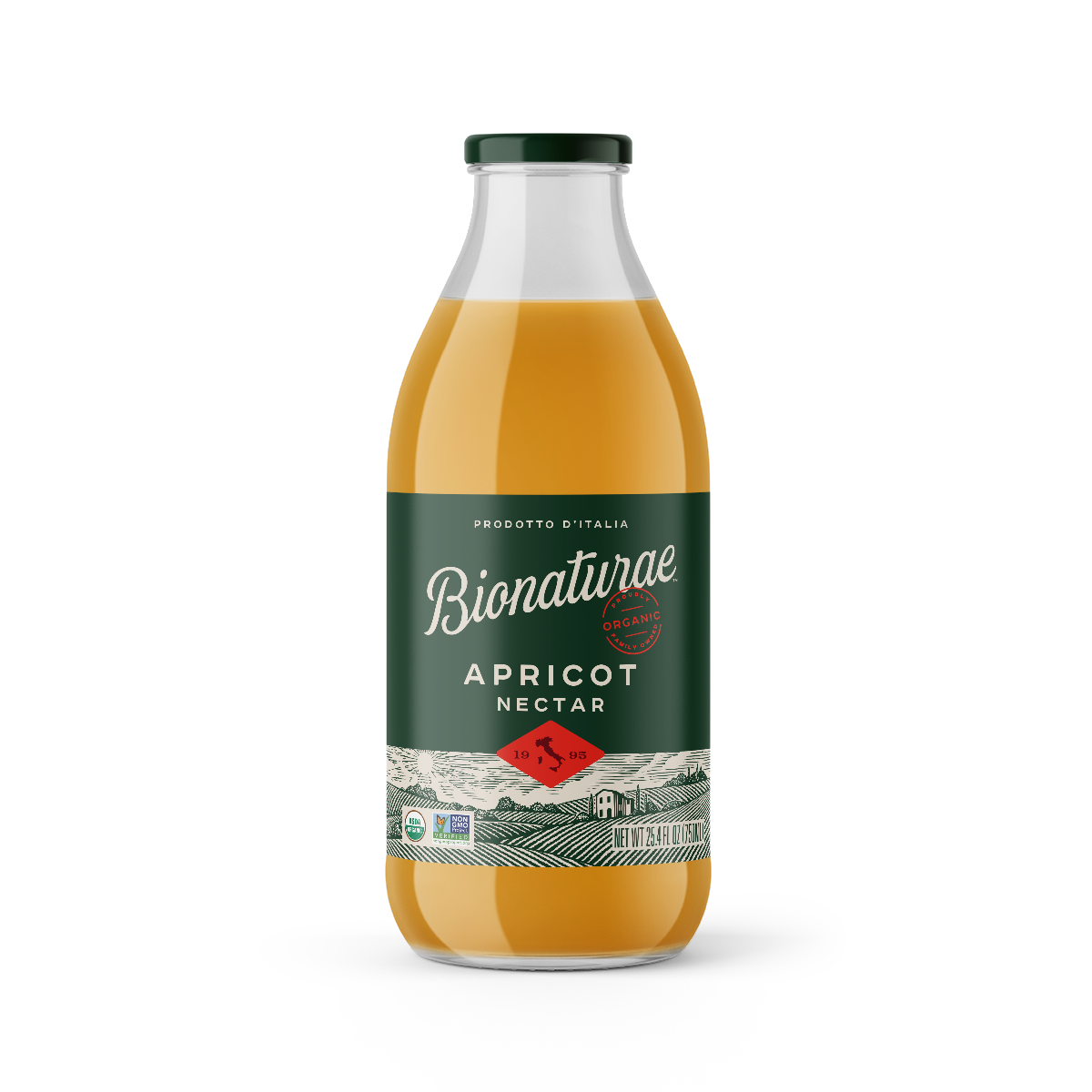 Front view of Bionaturae Organic Apricot Nectar 25.4 oz bottle showing green label and amber juice on white background