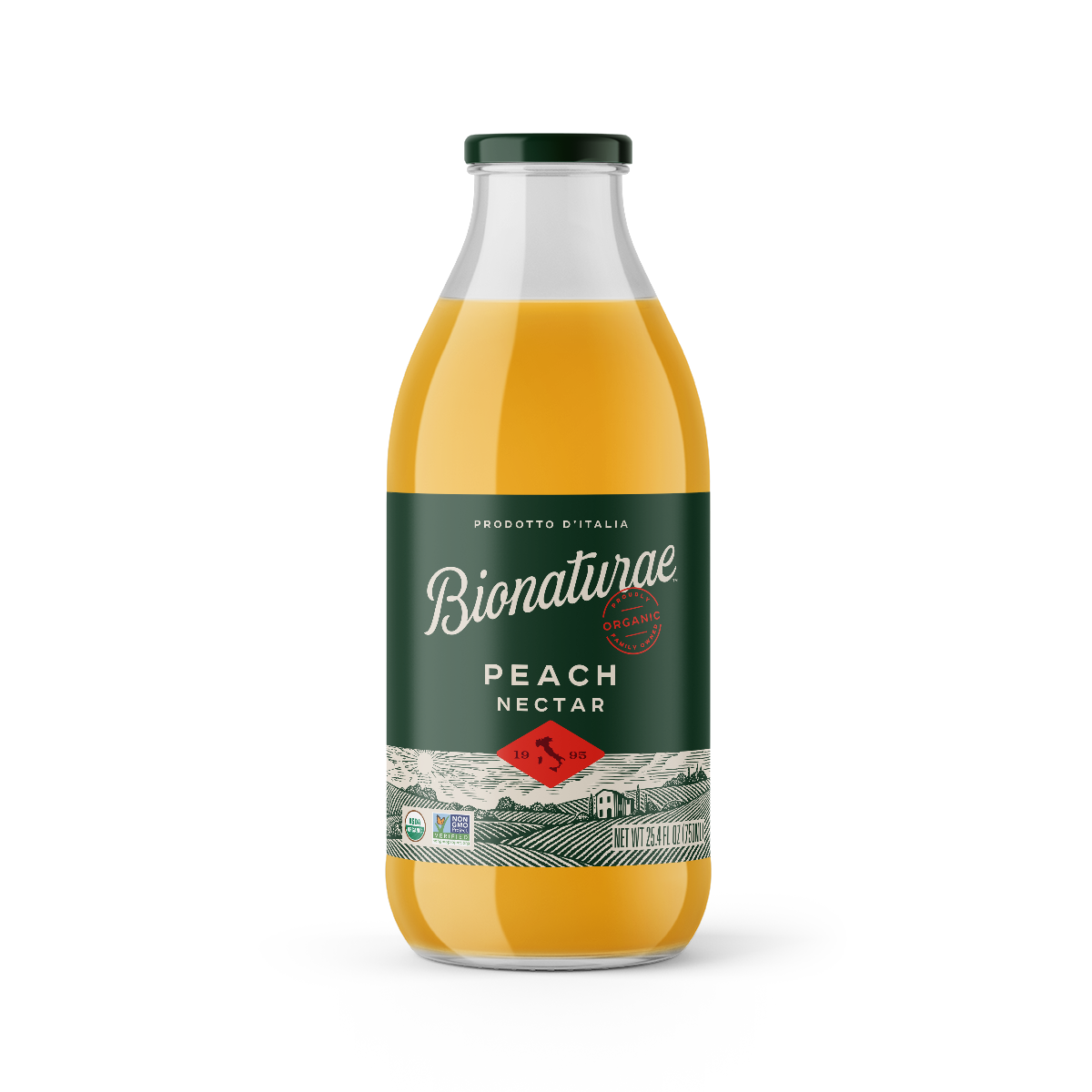 Front view of Bionaturae Organic Peach Nectar glass bottle showcasing green label, peach-colored juice and net 25.4 fl oz on white background