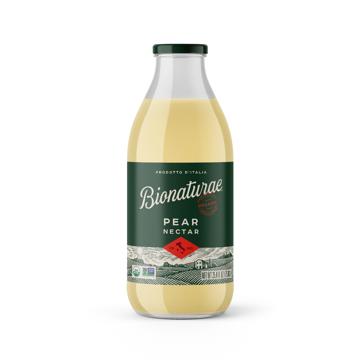 Front view of Bionaturae Organic Pear Nectar bottle showcasing green label and glass bottle on white background