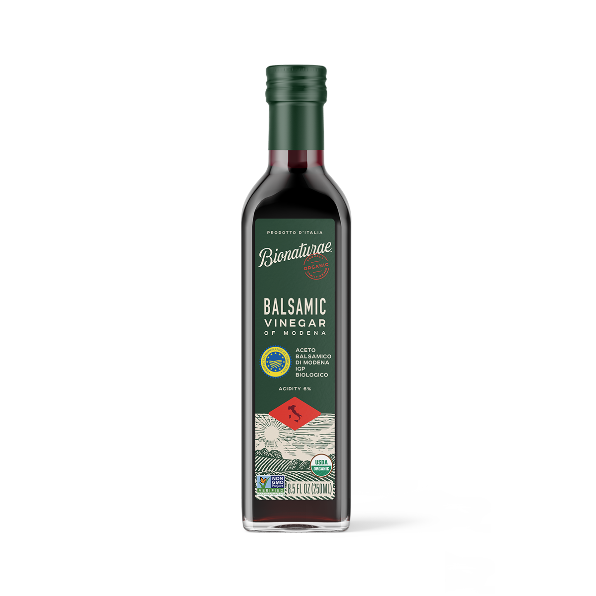 Front view of Bionaturae Organic balsamic vinegar 8.5 fl oz bottle showcasing green label with certification badges and acidity marking on white background