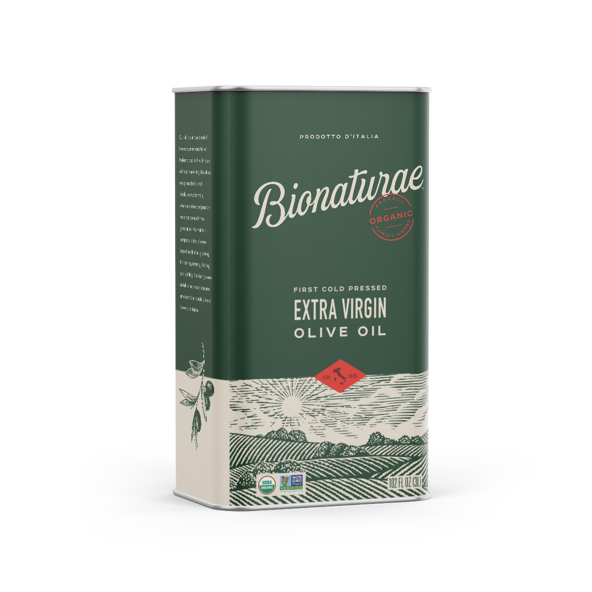Three-quarter view of 3L Bionaturae organic olive oil tin showing green label and landscape illustration on white