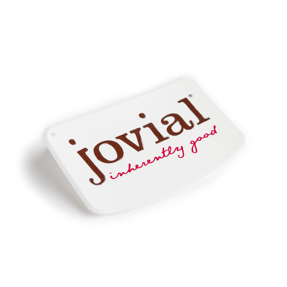 Front view of white dough scraper showcasing rounded corners and Jovial logo on white background