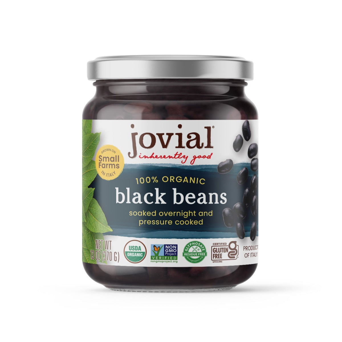Front view of Jovial jar of 100% organic black beans showcasing label reading soaked overnight and pressure cooked on white background