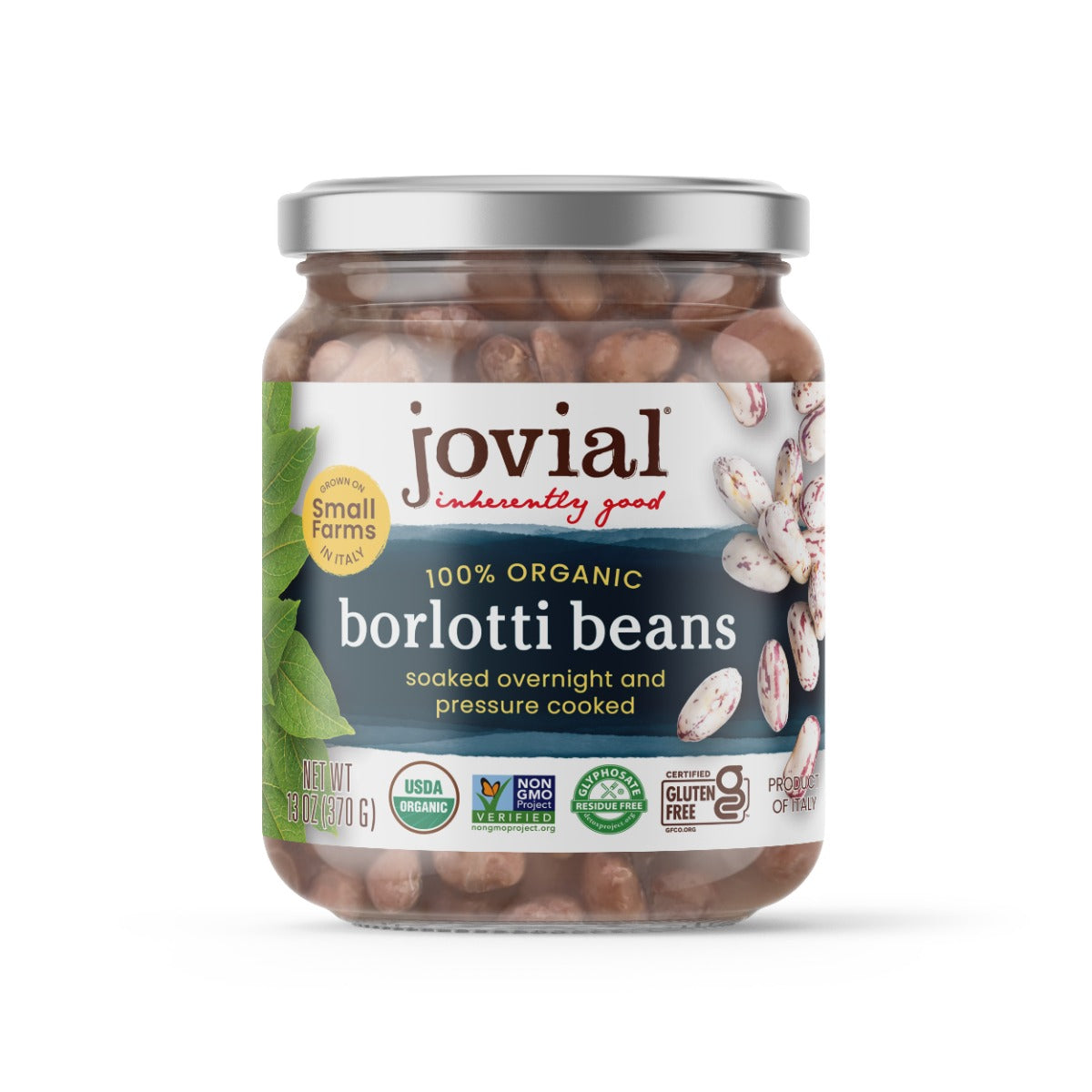 Front view of Jovial borlotti beans jar showcasing the 100% organic label soaked overnight and pressure cooked on a white background