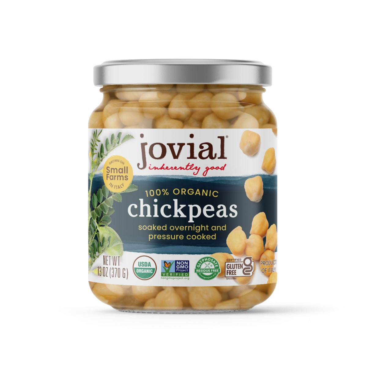 Jovial 13 oz (370 g) glass jar of organic chickpeas with label soaked overnight and pressure cooked on white