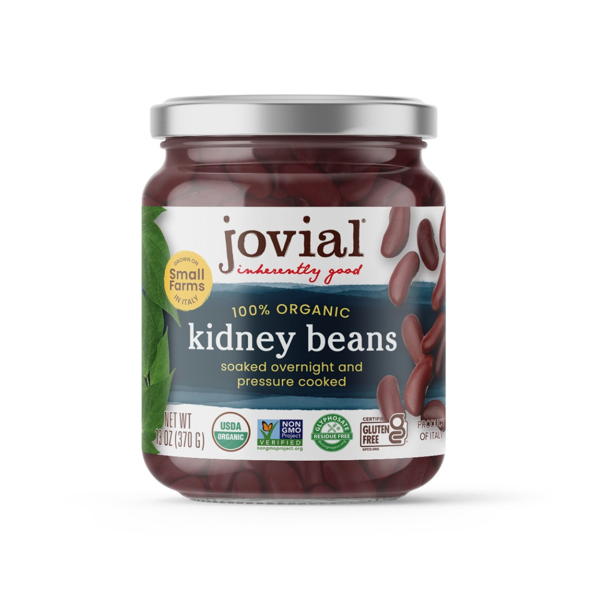 Front view of Jovial 13 oz jar of organic kidney beans with 100 percent organic label and USDA and Gluten Free icons