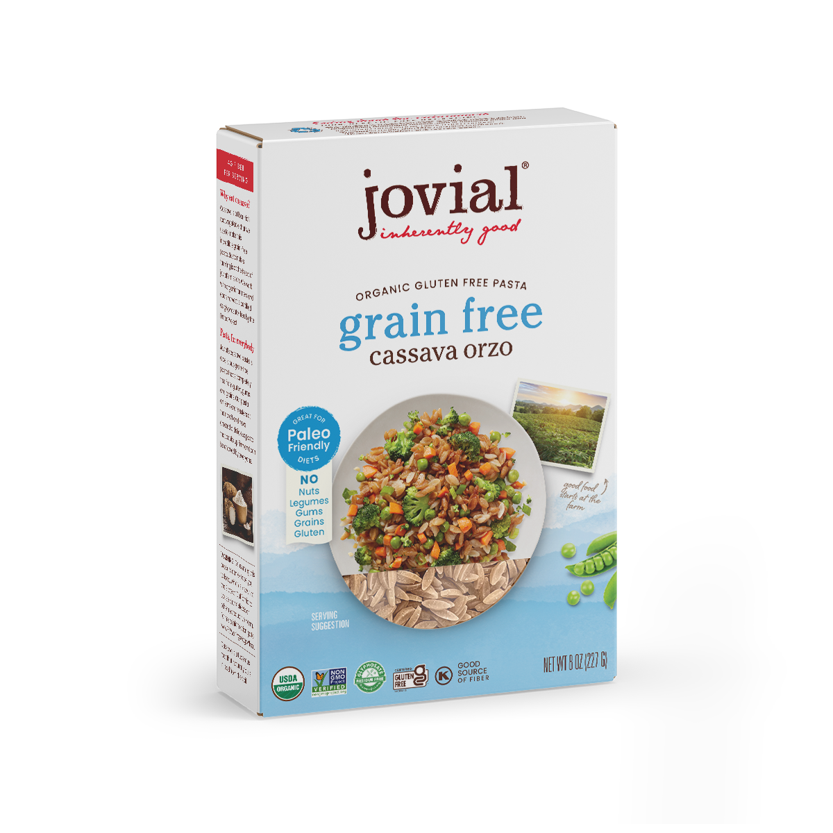 Front of Jovial organic grain-free cassava orzo 8 oz box showing serving bowl and USDA Organic and Paleo badges