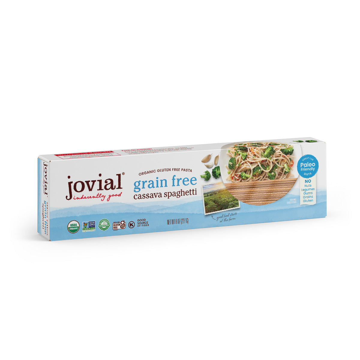 Front view of Organic Grain Free Cassava Spaghetti box showcasing product branding and a serving suggestion image on a white background