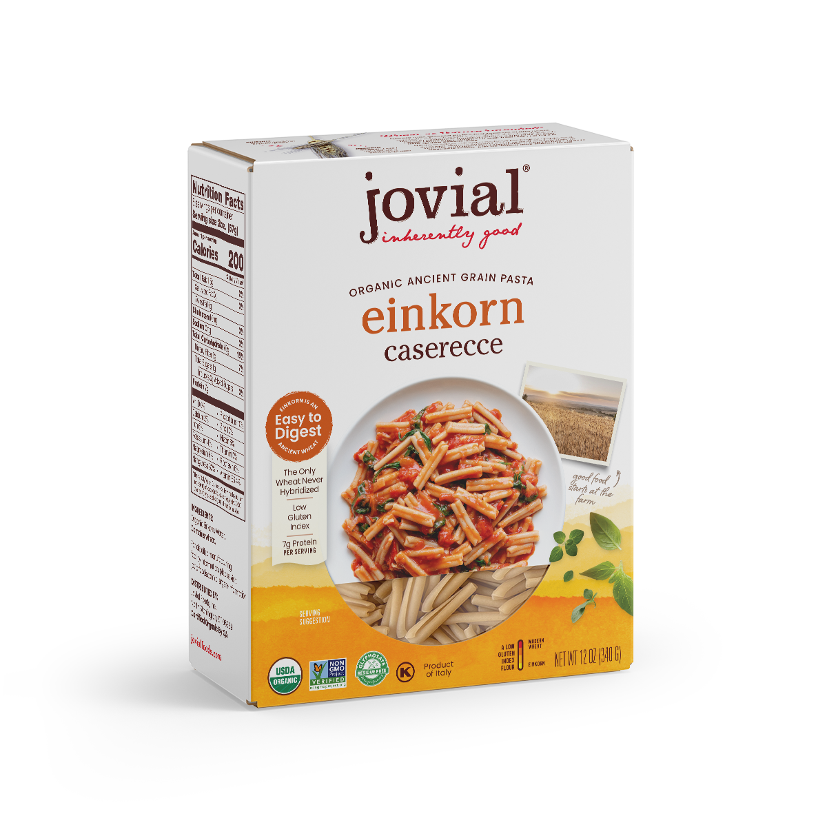 Front view of Jovial Organic Einkorn Caserecce box showing bowl of cooked pasta and Easy to Digest badge on white background