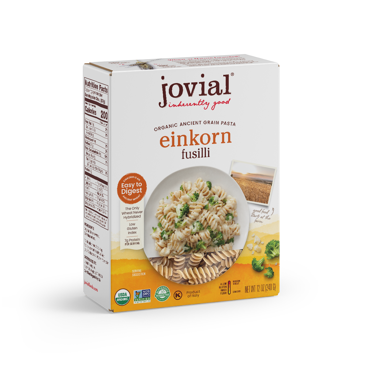 Front-right view of Jovial organic einkorn fusilli pasta box 12 oz showing serving-suggestion bowl and USDA Organic and Non-GMO badges on white background