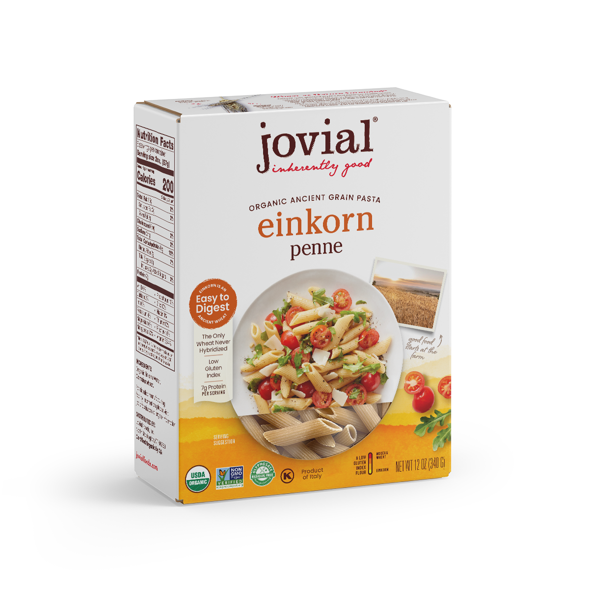 Front-right view of Jovial Einkorn penne box showing a penne salad photo, Easy to Digest badge and USDA Organic label