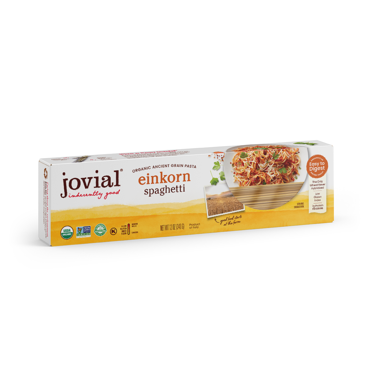 Front view of Jovial Organic Einkorn spaghetti box 12 oz showing bowl of spaghetti and Easy to Digest badge on white background