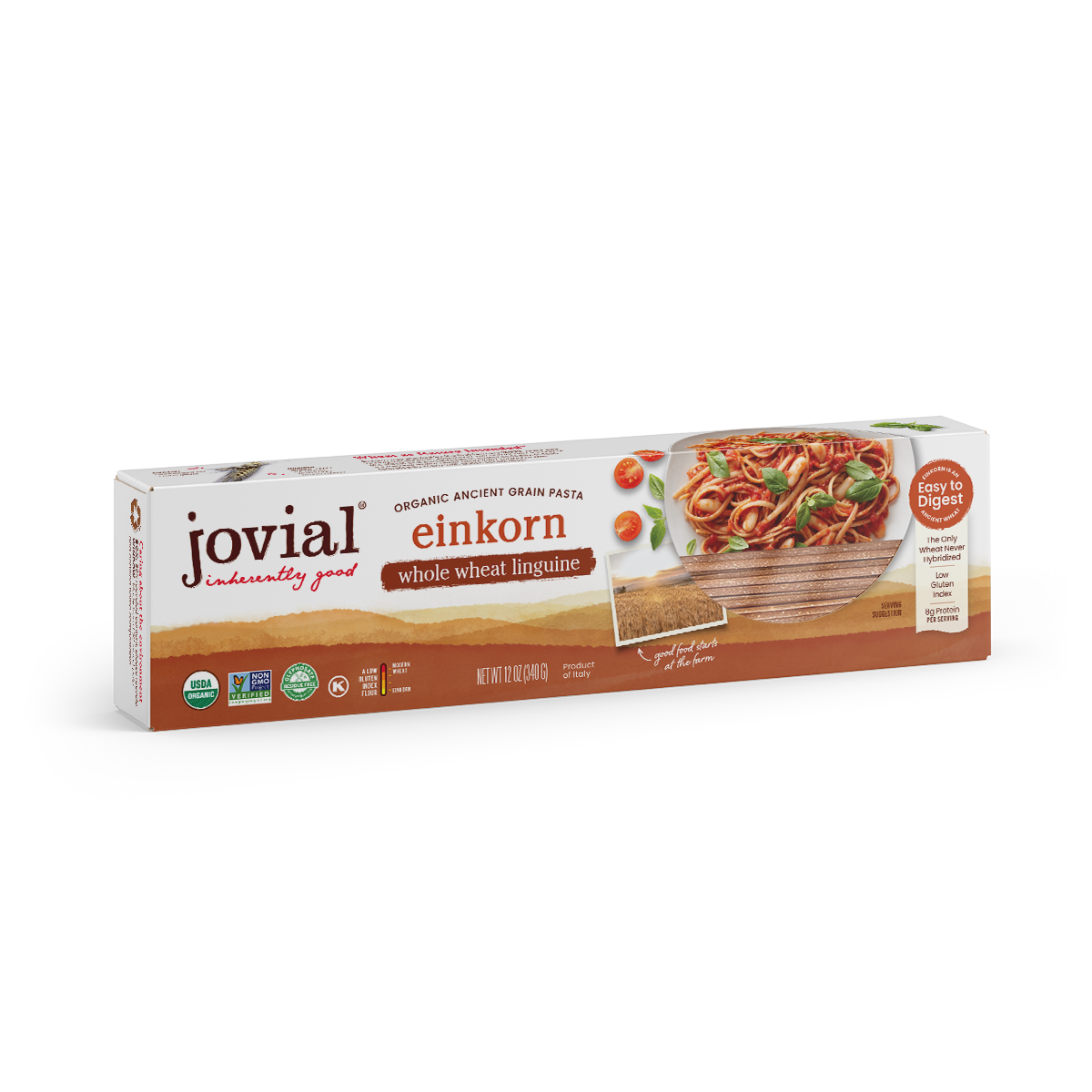 Front view of Jovial Organic Einkorn whole wheat linguine box showing brand logo, pasta photo and Easy to Digest badge on white