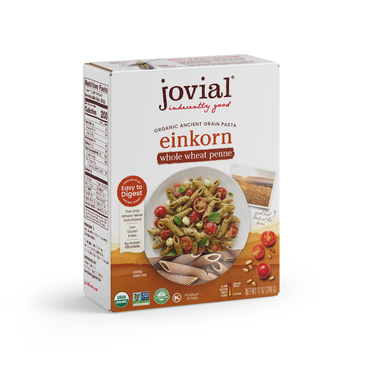 Front view of Jovial Einkorn whole wheat penne box with prepared pasta photo and USDA organic badge on white background