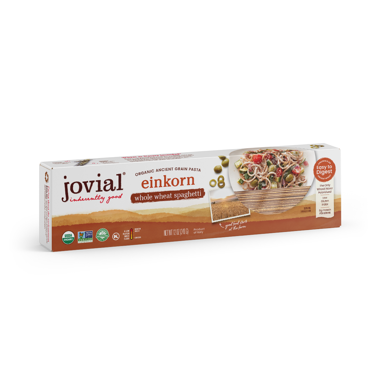Front view of Jovial Organic Einkorn Whole Wheat Spaghetti box showing brand name and serving suggestion photo on white background