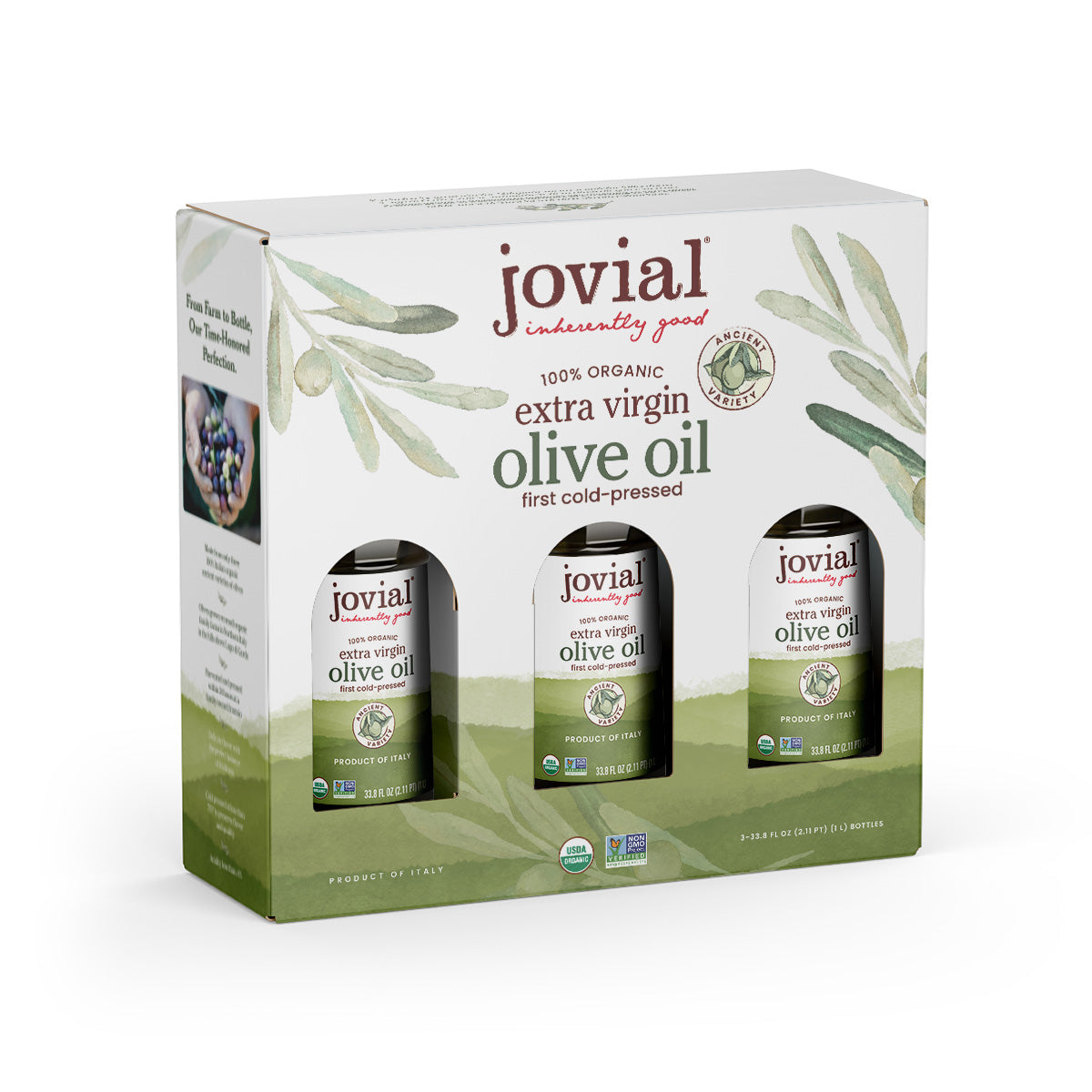 Front view of 3 pack Organic Italian extra virgin olive oil in Jovial gift box with three bottles