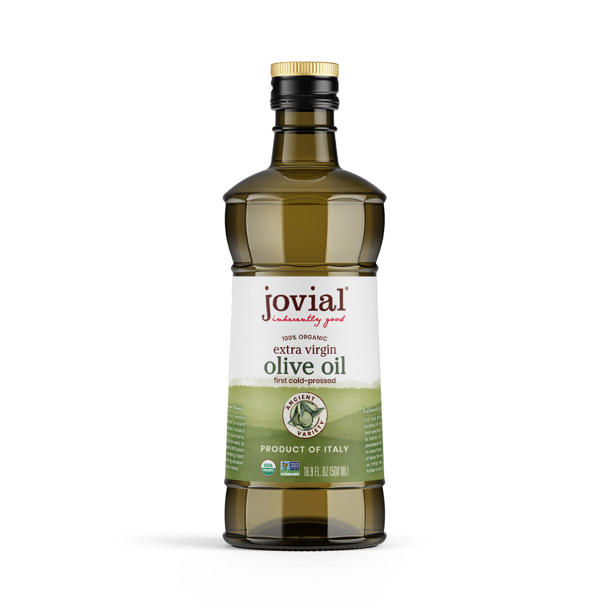 Front view of 1L Jovial Organic Extra Virgin Olive Oil bottle showing green label and gold cap on white background