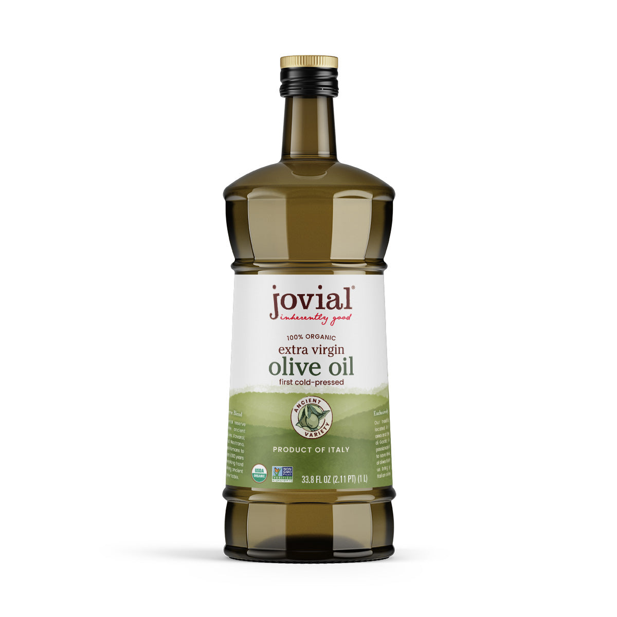 Front view of single bottle of Jovial organic extra virgin olive oil showcasing the label and green gradient on white background