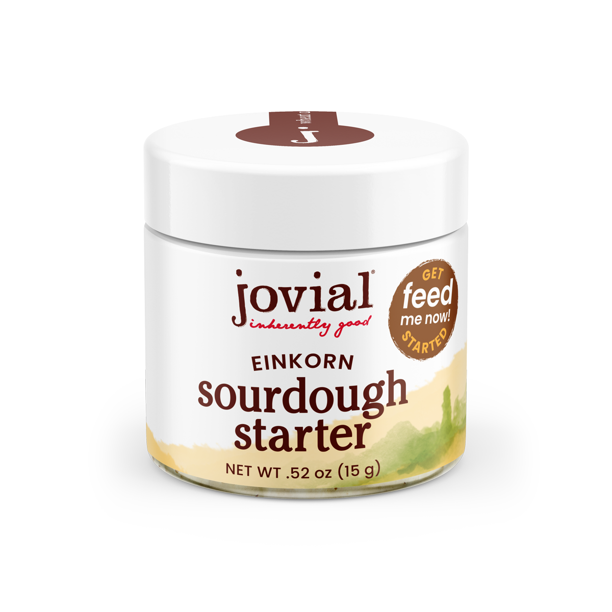 Front view of Einkorn sourdough starter jar showing labeled glass jar with heirloom starter on white background