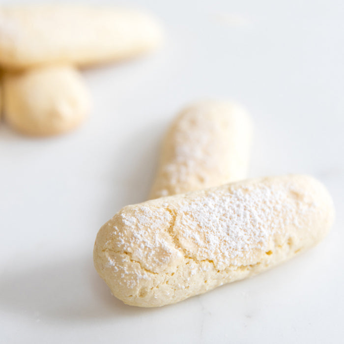 Close-up of two homemade einkorn ladyfingers dusted with powdered sugar on a white marble surface