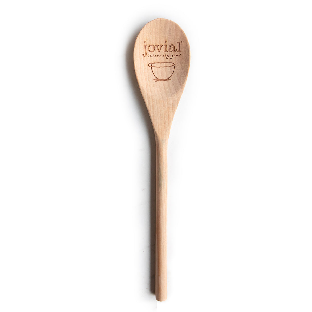 Flat lay of Jovial wooden spoon showing engraved Jovial logo and smooth birch finish, 12-inch length on white background