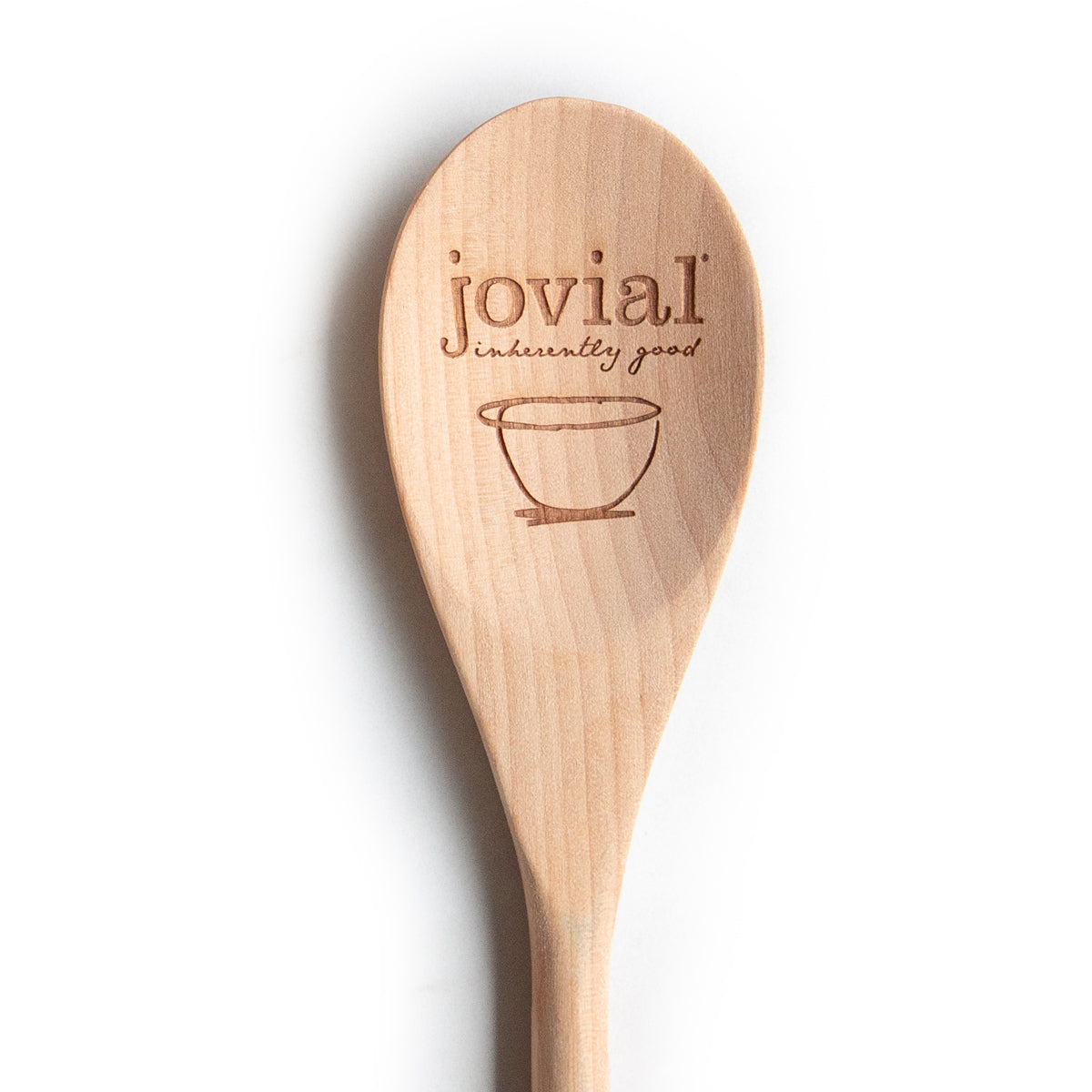 Close-up of Jovial birch wooden spoon showing engraved Jovial logo on the spoon head with a plain white background
