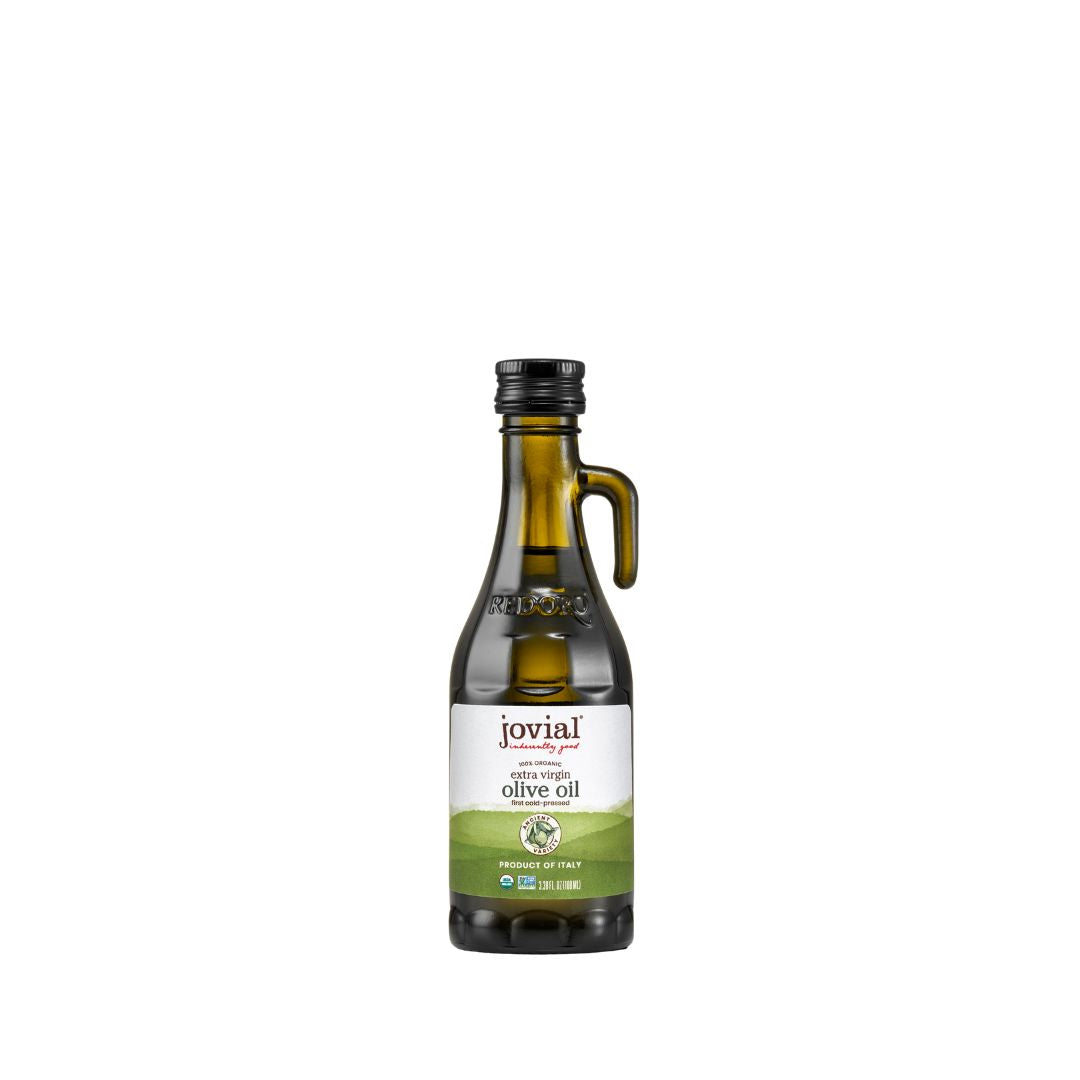 Front view of Mini Extra Virgin Olive Oil bottle showing green-tinted glass, side handle and Jovial label on white background