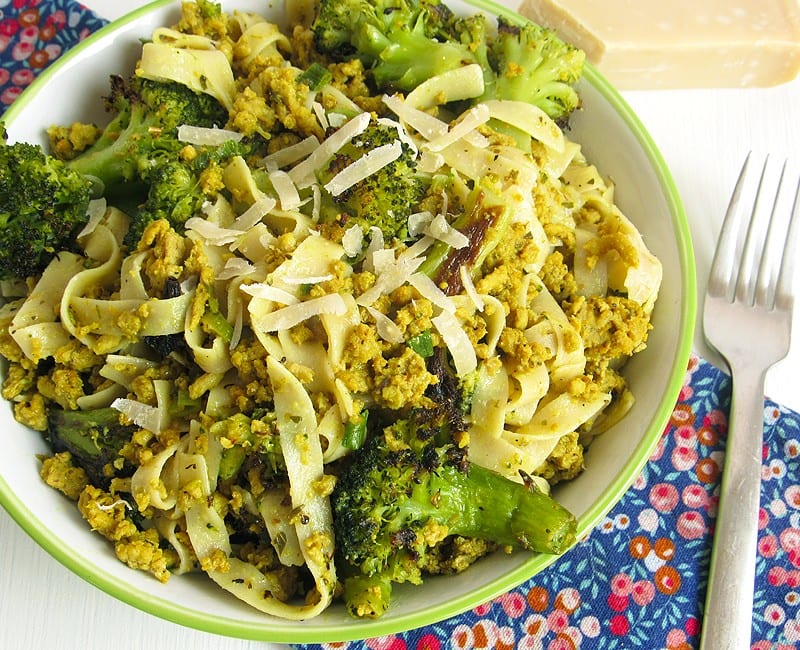 adobo turkey and roasted broccoli tagliatelle pasta
