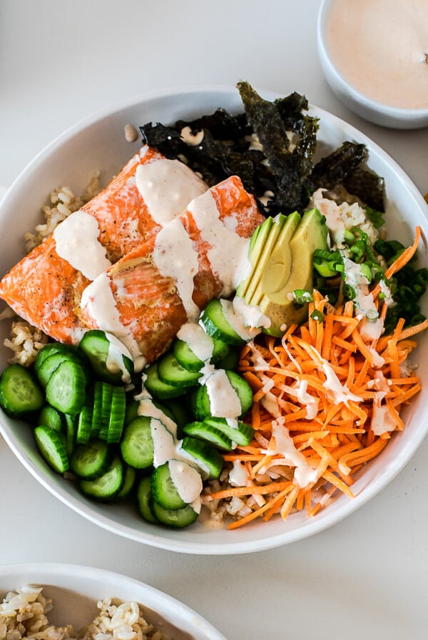 spicy salmon sushi bowls - seasonal meal planning inspo