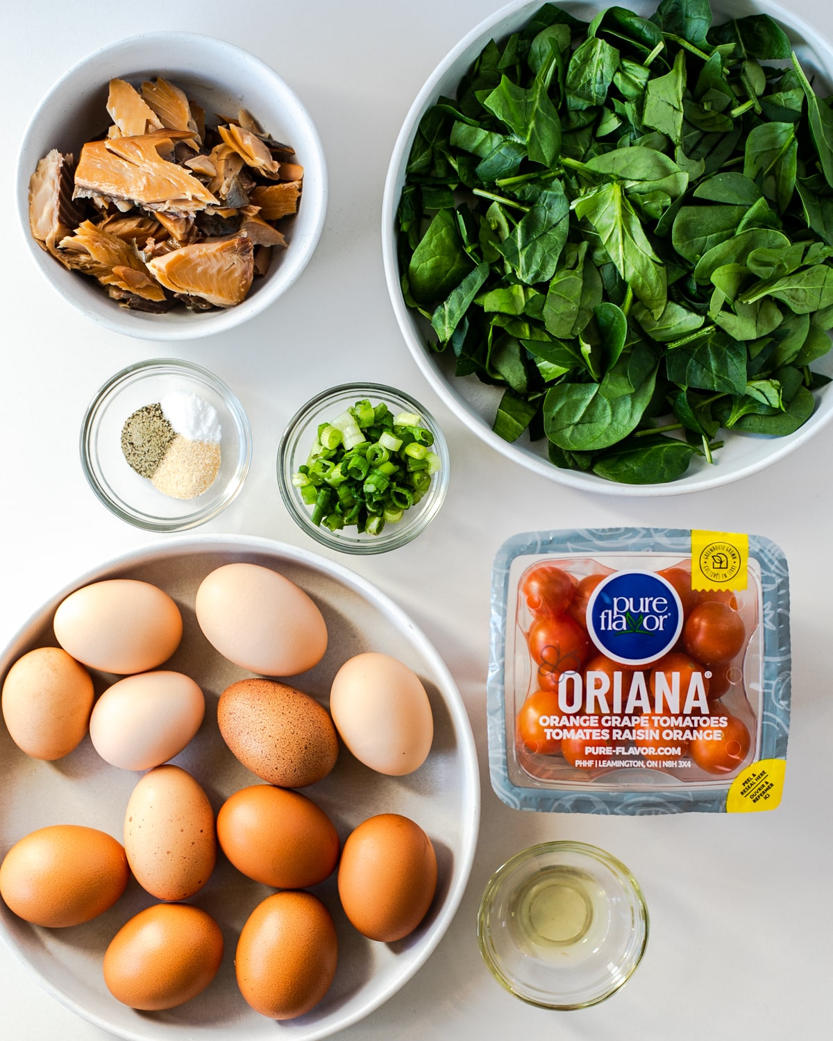 Simple ingredients for tomato salmon egg casserole