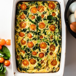healthy breakfast casserole with tomatoes and eggs