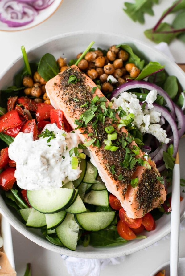 Easy + Healthy Greek Salmon Buddha Bowls Recipe