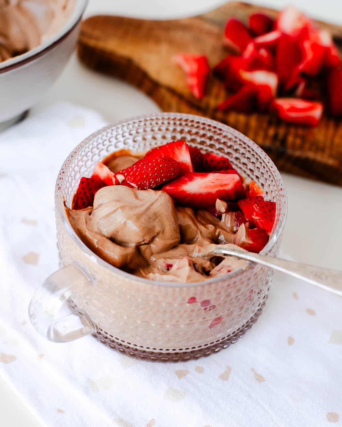 Healthy high protein chocolate Greek yogurt served as a dessert cup