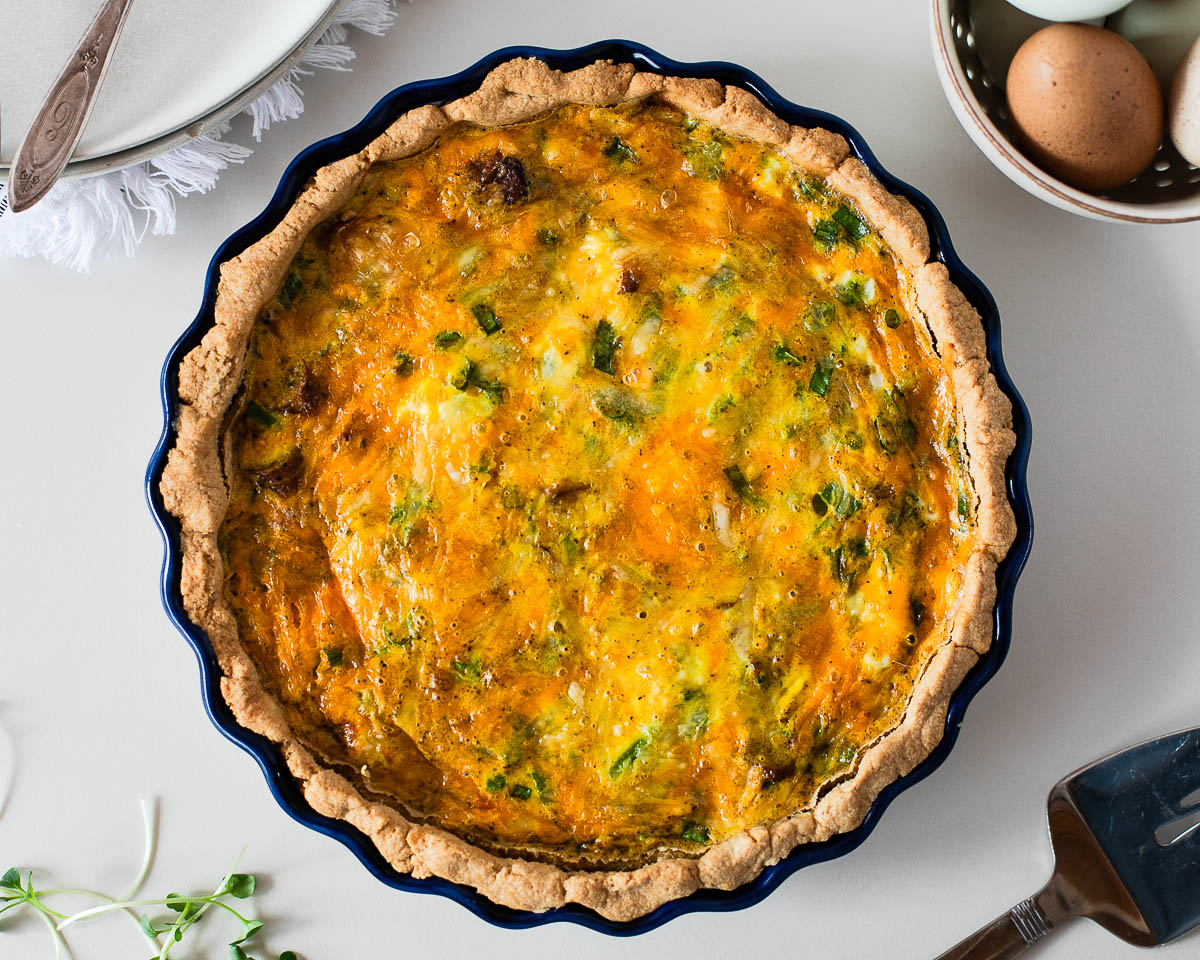 homemade broccoli and sausage quiche recipe with whole wheat pastry crust