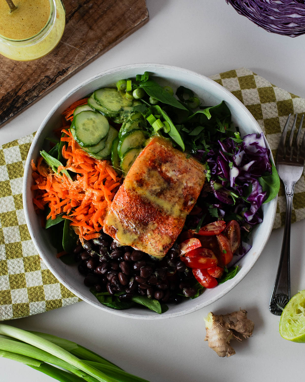 Rainbow Salmon Nourish Bowls with Turmeric Dressing